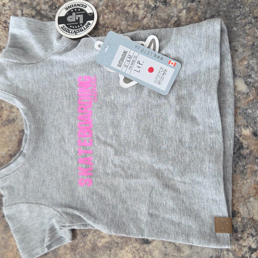 0-6 Months L&P Apparel NEW Kids Gray Tee with Pink Skateboard Print